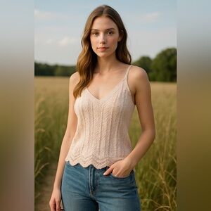 Anthropologie XS Ivory Pointelle Sweater Tank | V-Neck Boho Cottagecore Knit